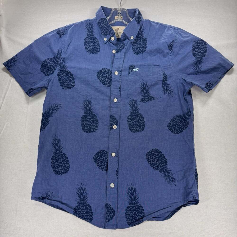 Hollister Men’s Button collar Blue Pineapple Island Stretch shirt sz LRG A169